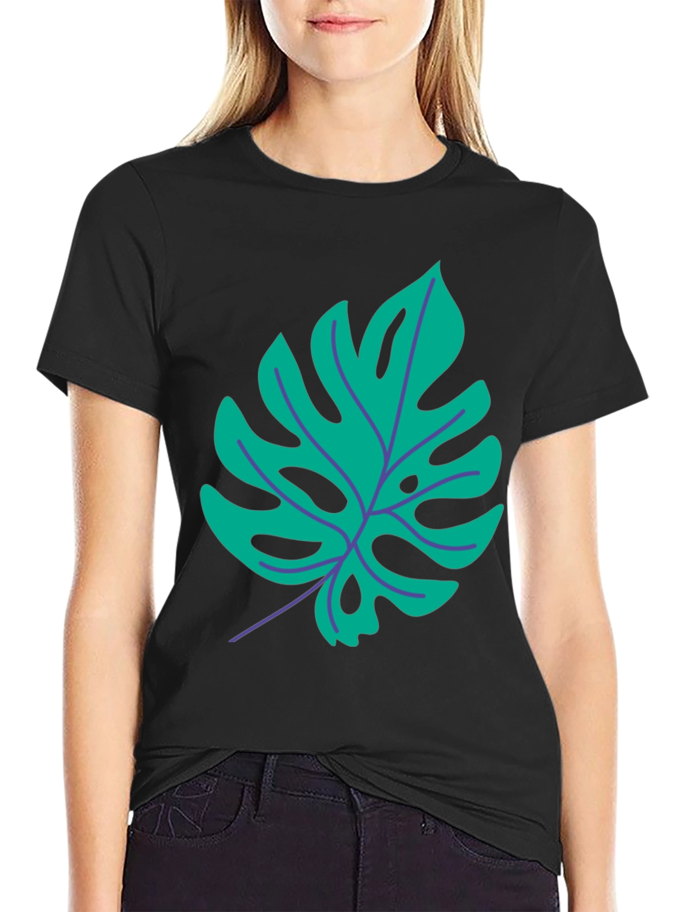 Tropical Monstera Leaf Graphic Tee - Stylish Black T-Shirt