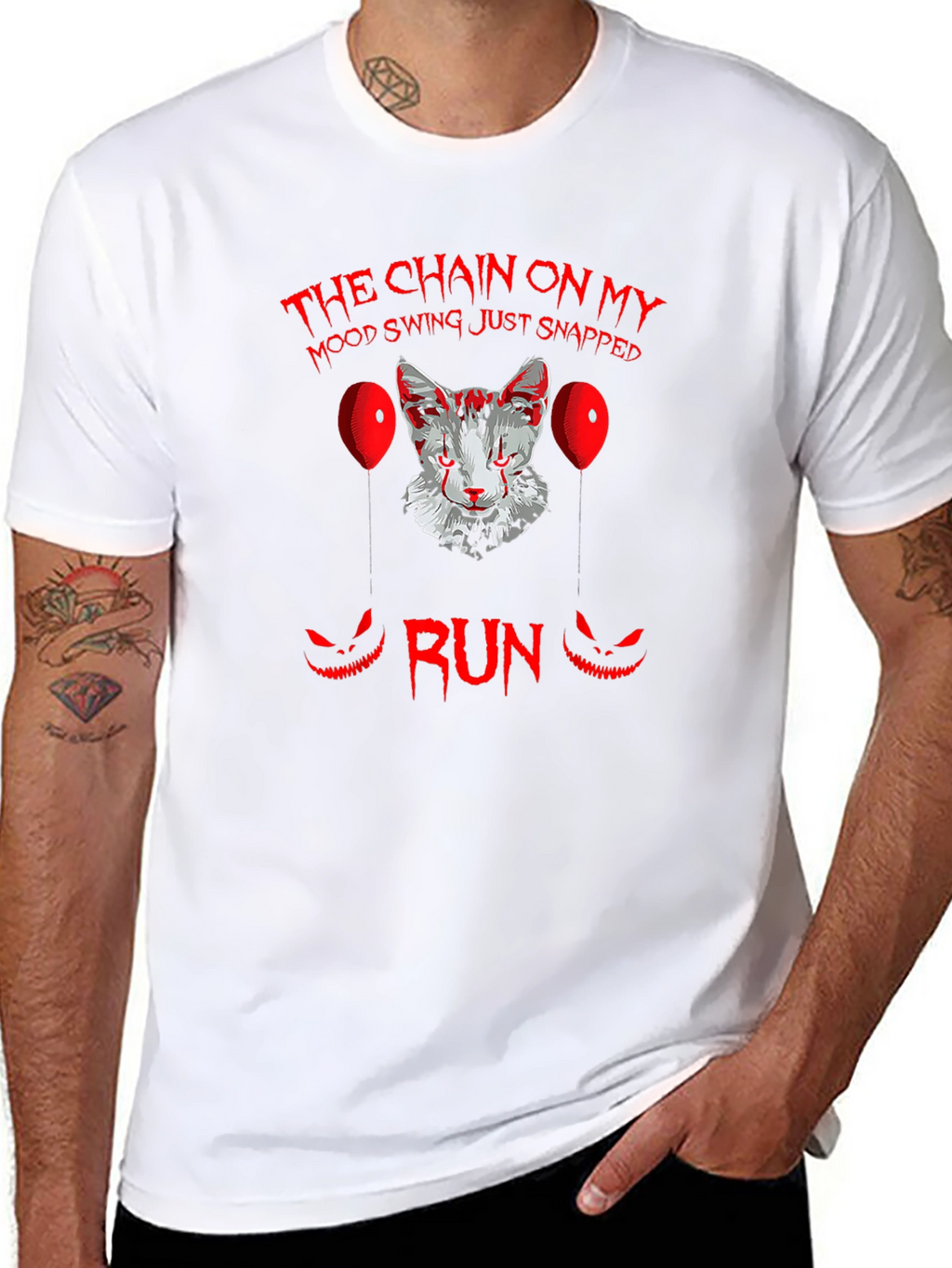 Scary Cat Clown Graphic Black T-Shirt - Run!