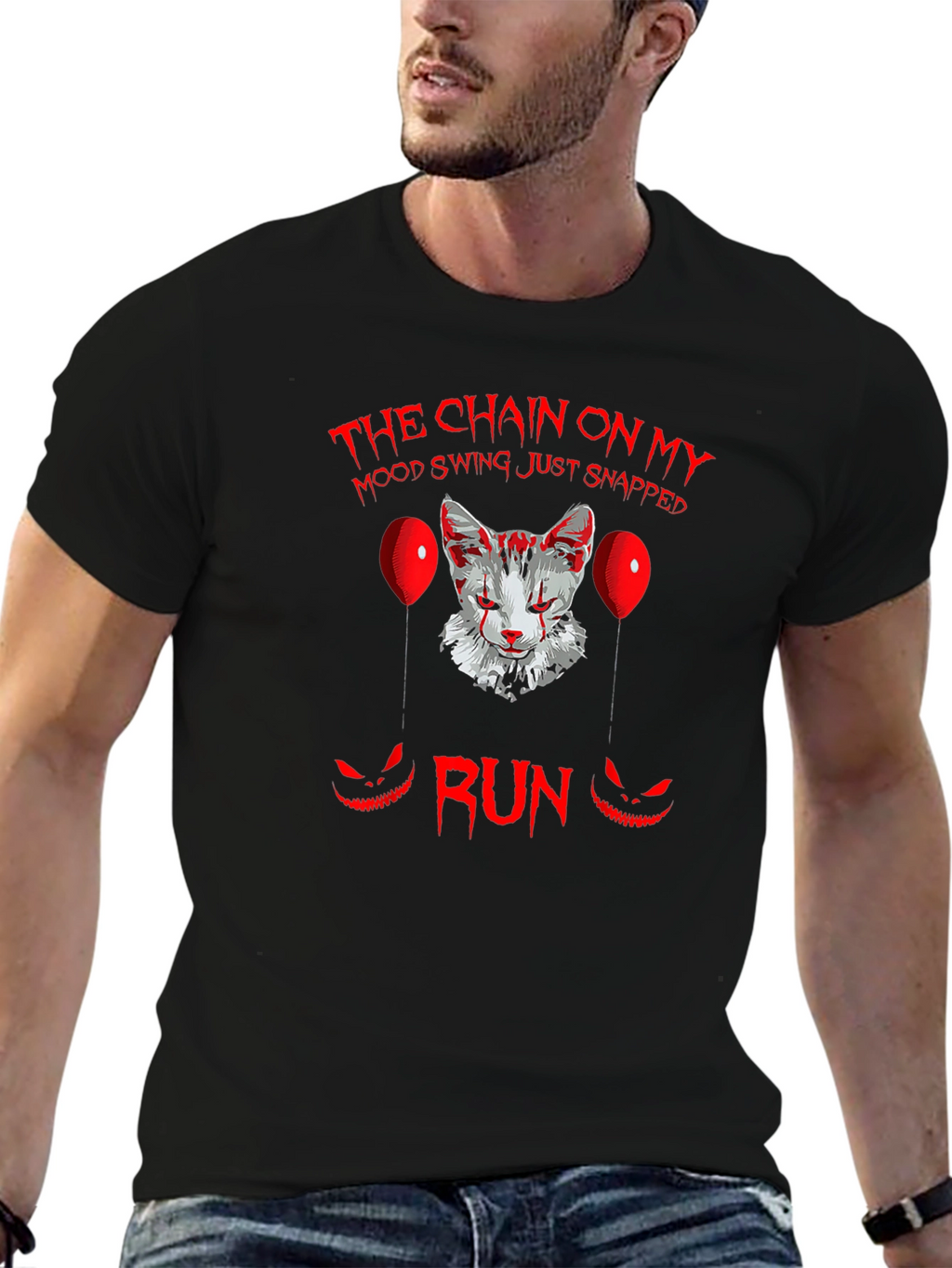 Scary Cat Clown Graphic Black T-Shirt - Run!
