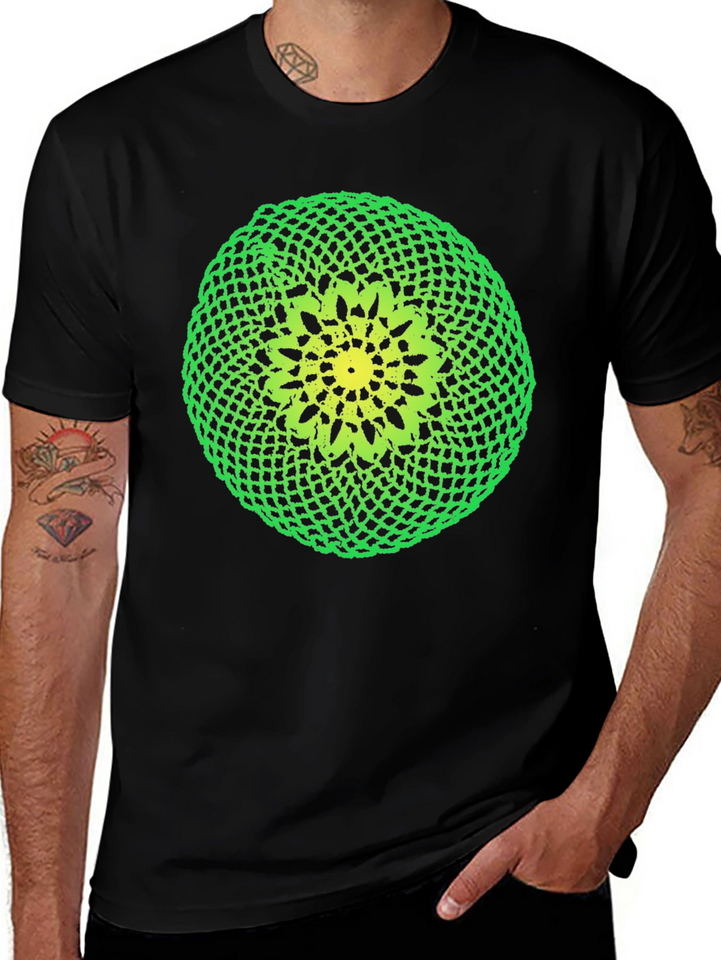 Black T-Shirt with Green and Yellow Crochet Design