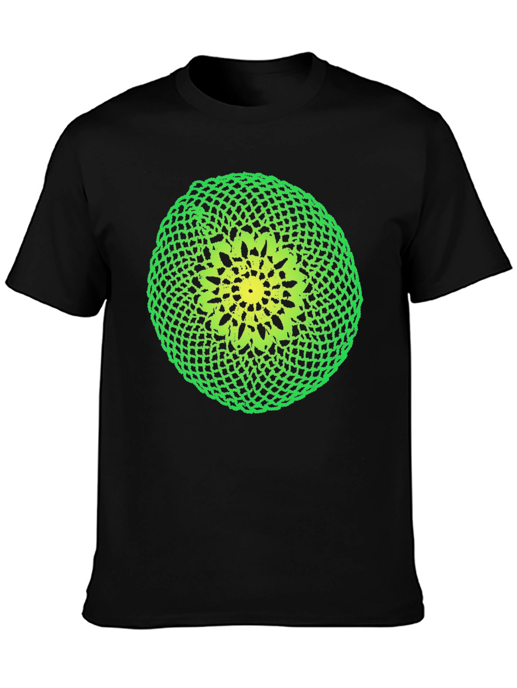 Black T-Shirt with Green and Yellow Crochet Design