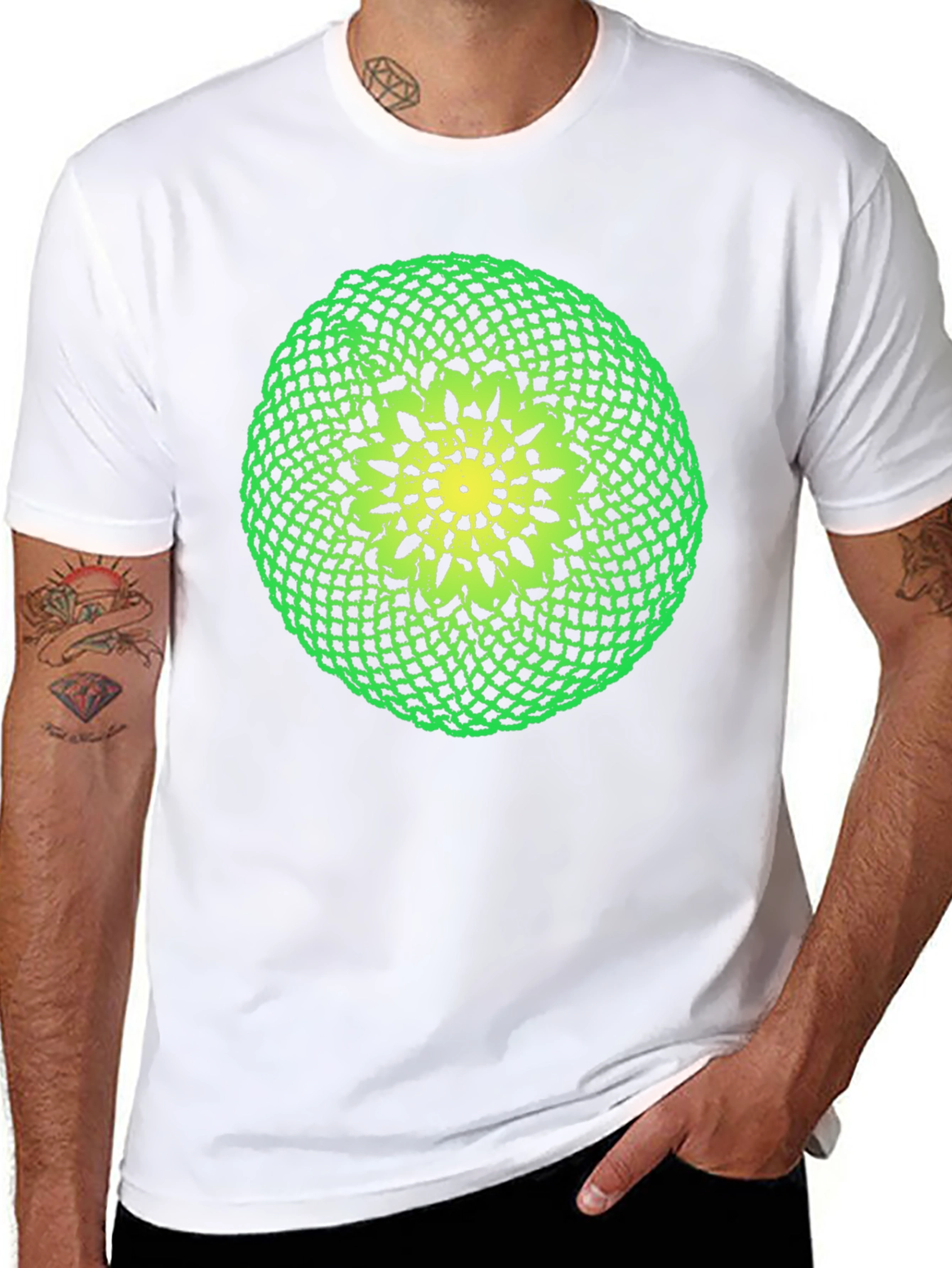 Black T-Shirt with Green and Yellow Crochet Design