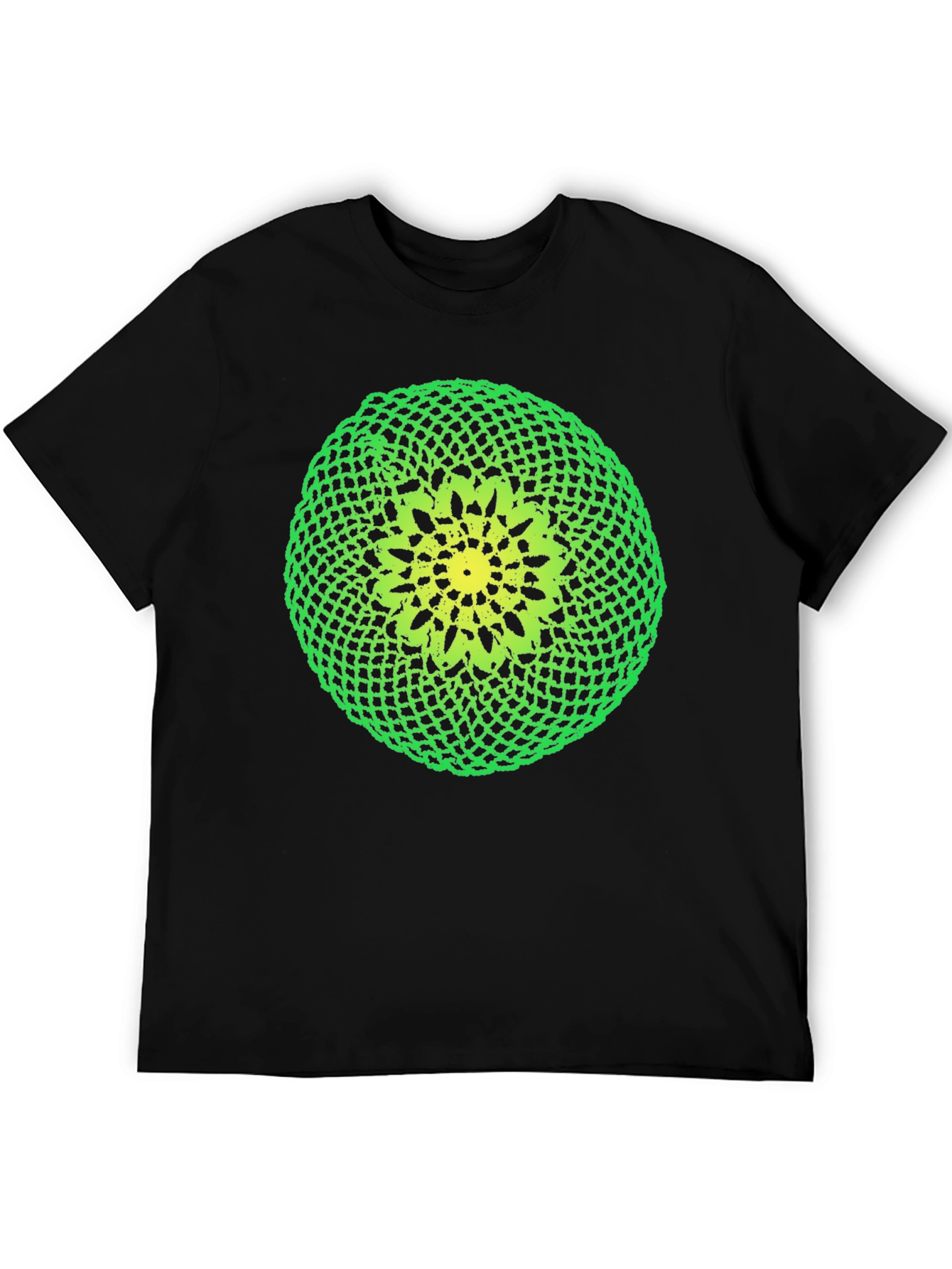 Black T-Shirt with Green and Yellow Crochet Design
