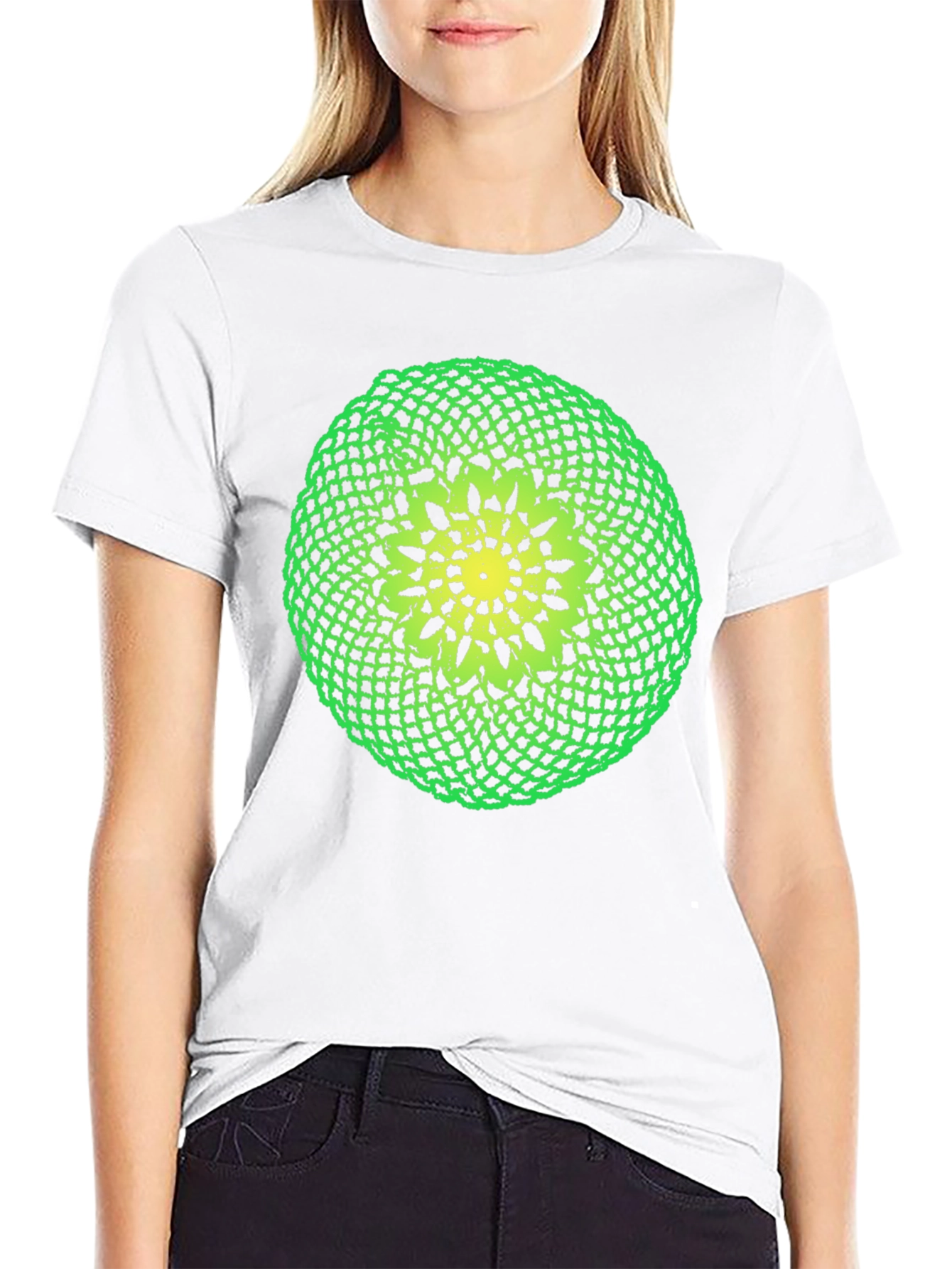Black T-Shirt with Green and Yellow Crochet Design