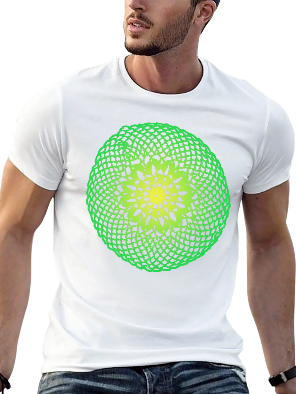 Black T-Shirt with Green and Yellow Crochet Design