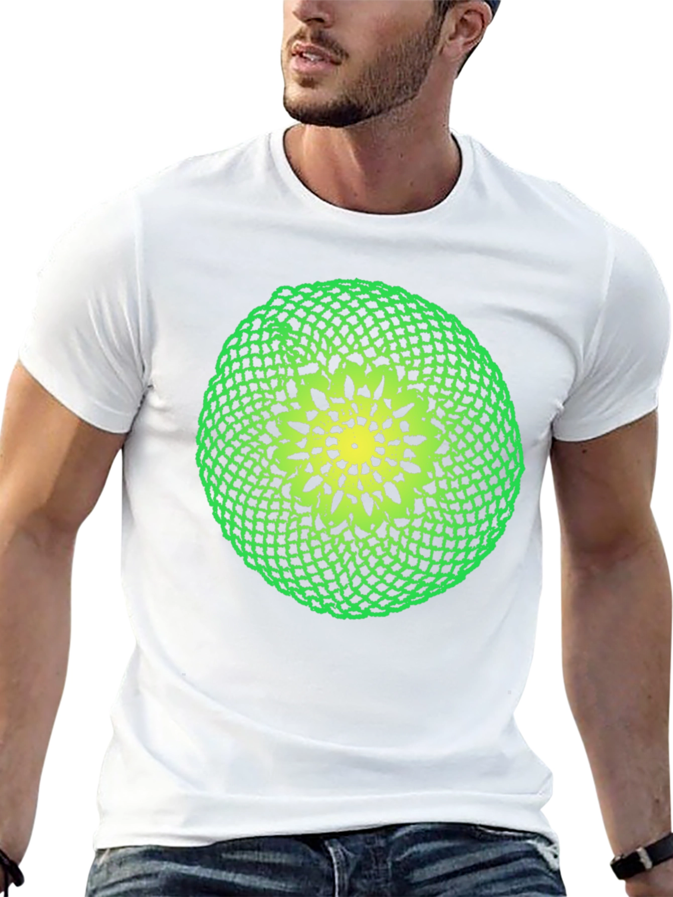 Black T-Shirt with Green and Yellow Crochet Design