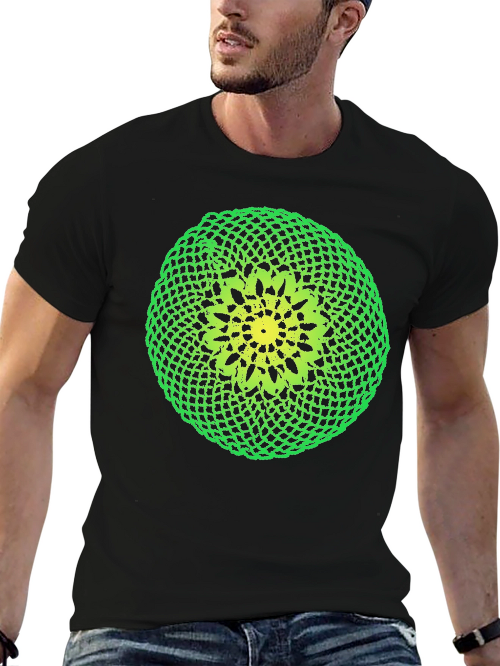 Black T-Shirt with Green and Yellow Crochet Design