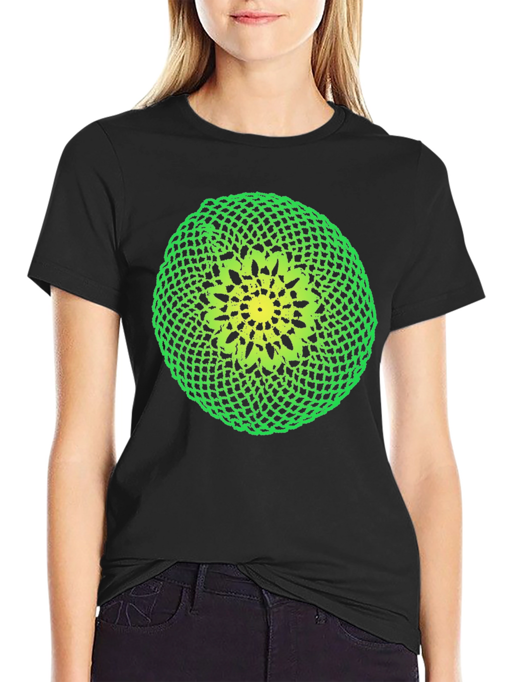 Black T-Shirt with Green and Yellow Crochet Design