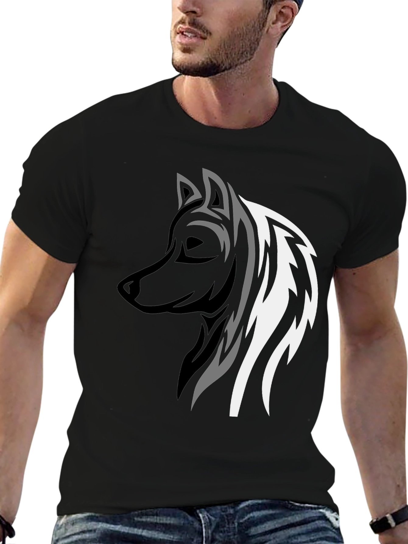 Wolf Graphic Print Tee - Stylish Mens Black T-Shirt