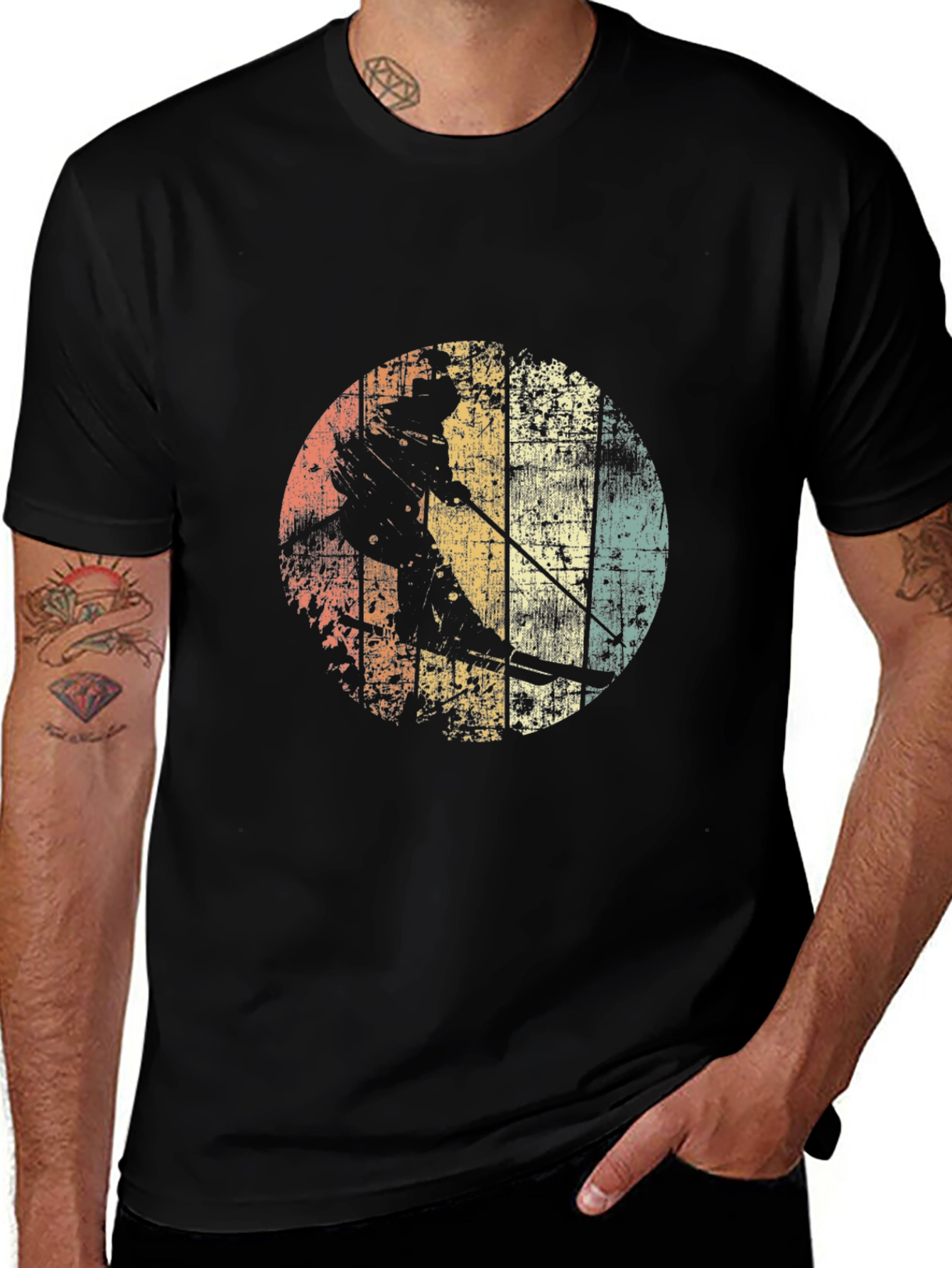 Retro Skiing Graphic Tee - Black Cotton T-Shirt