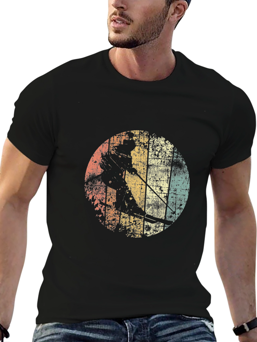 Retro Skiing Graphic Tee - Black Cotton T-Shirt