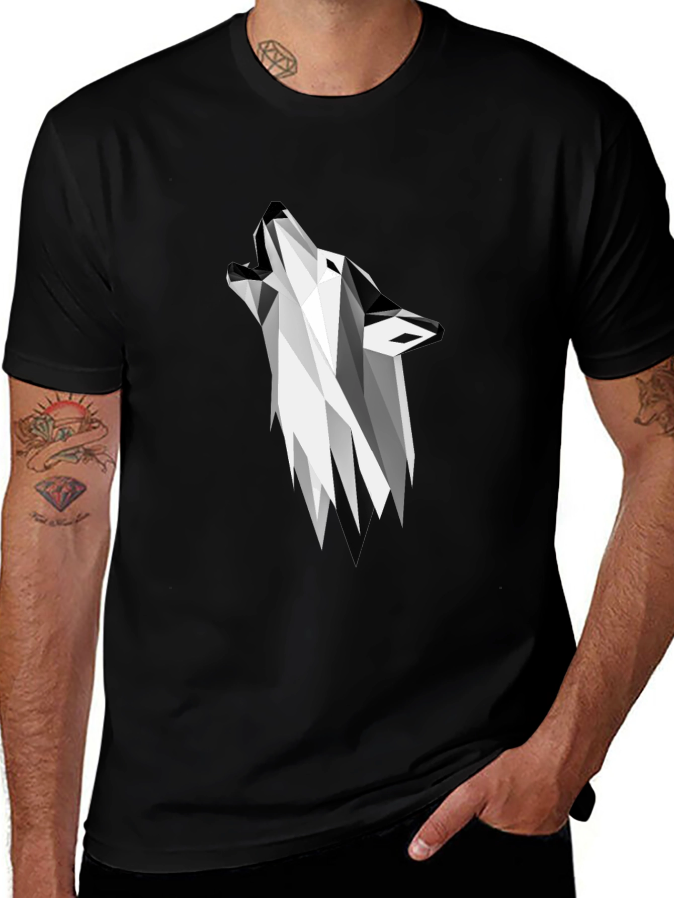 Geometric Wolf Graphic Tee - Black Short Sleeve Shirt