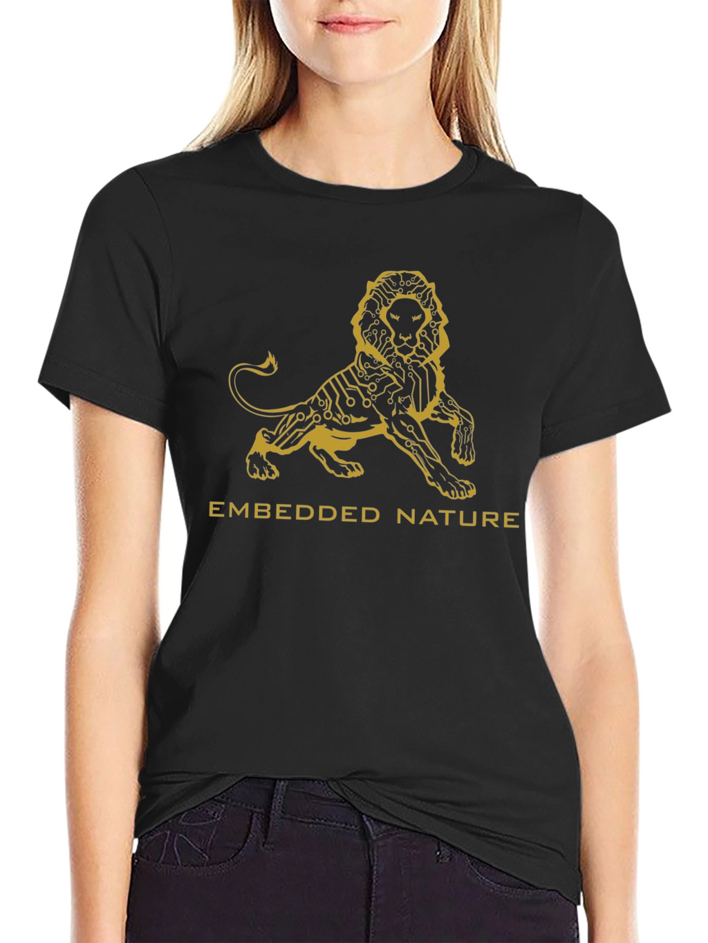 Embedded Nature Lion Graphic Tee - Stylish Black T-Shirt