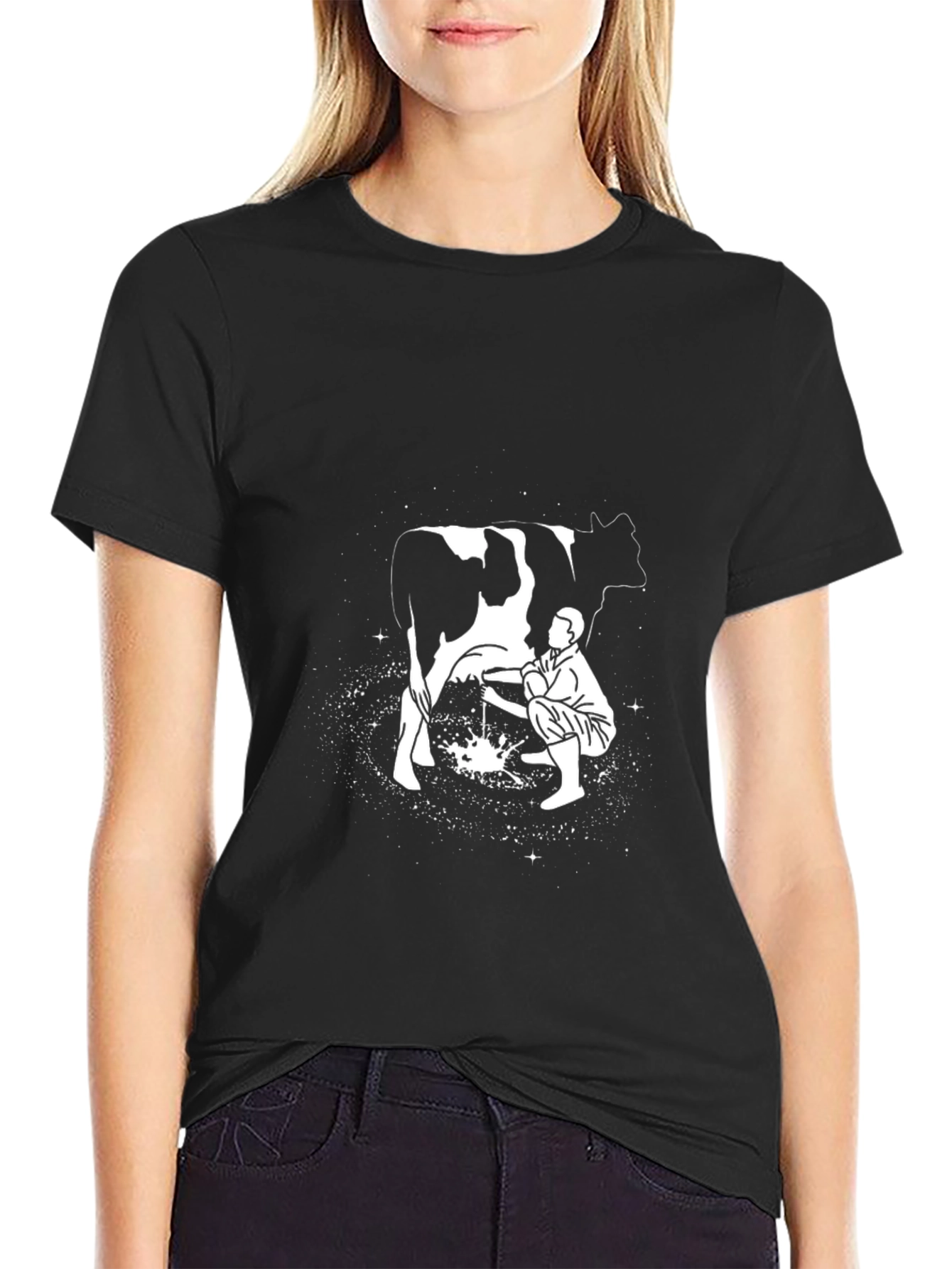 Man Milking Cow Graphic Tee - Black