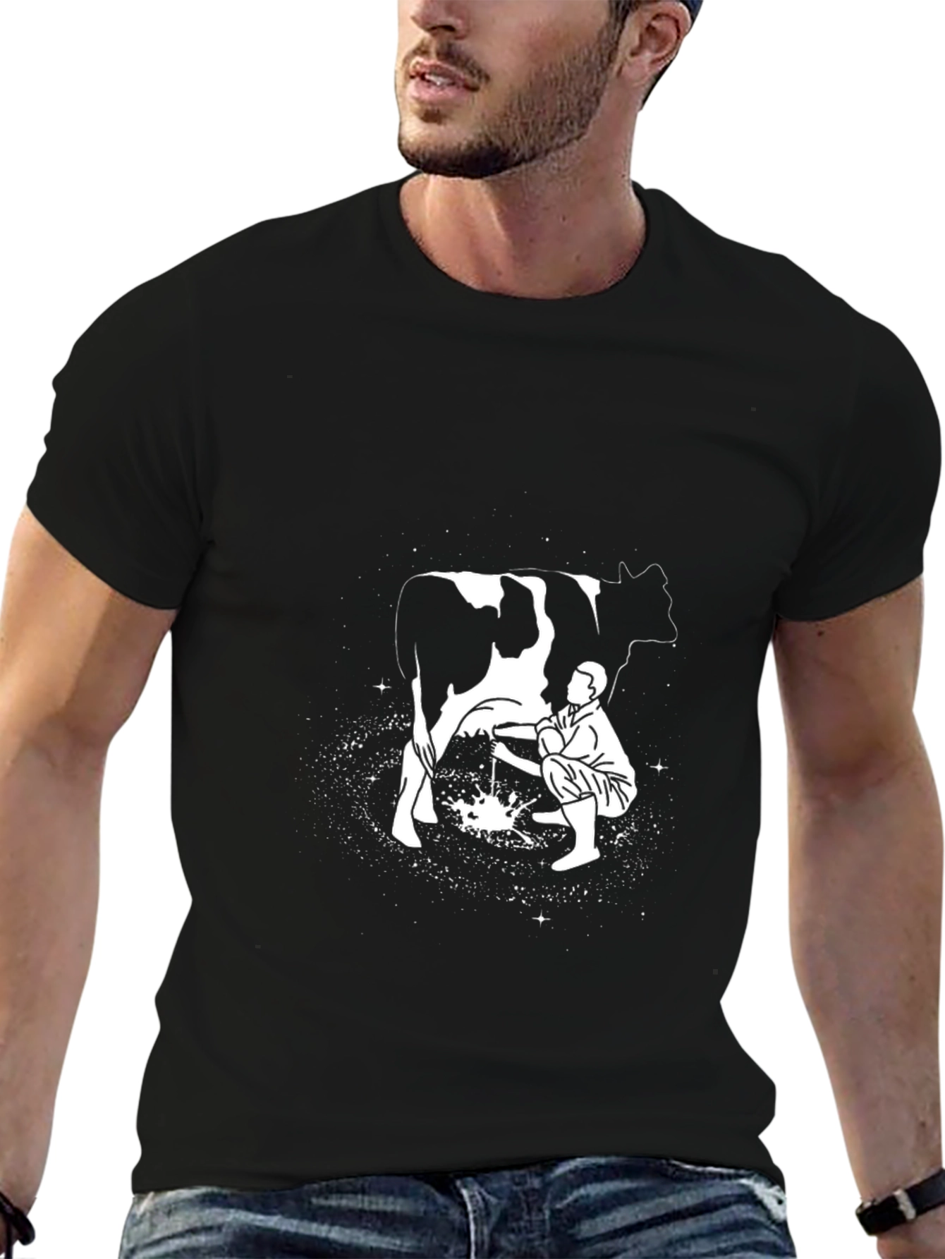 Man Milking Cow Graphic Tee - Black