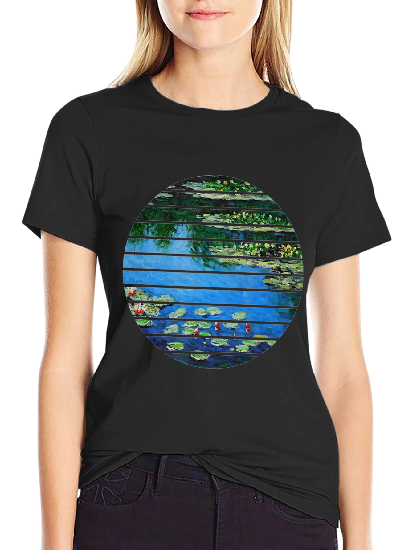 Monet Water Lilies Graphic Tee - Artistic Black T-Shirt