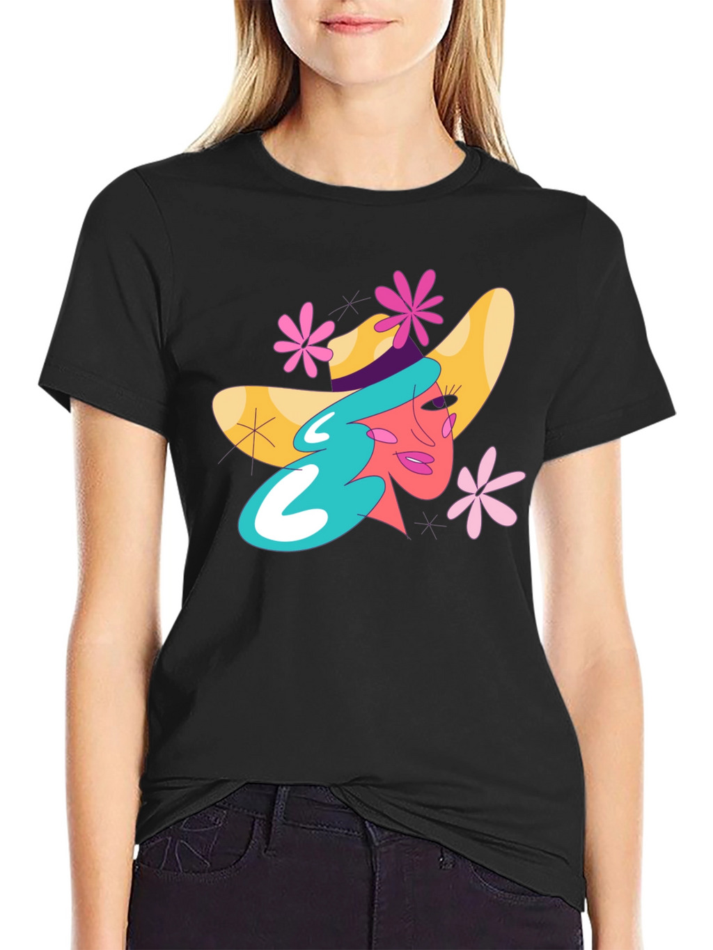 Whimsical Woman Graphic Tee - Trendy Black T-Shirt