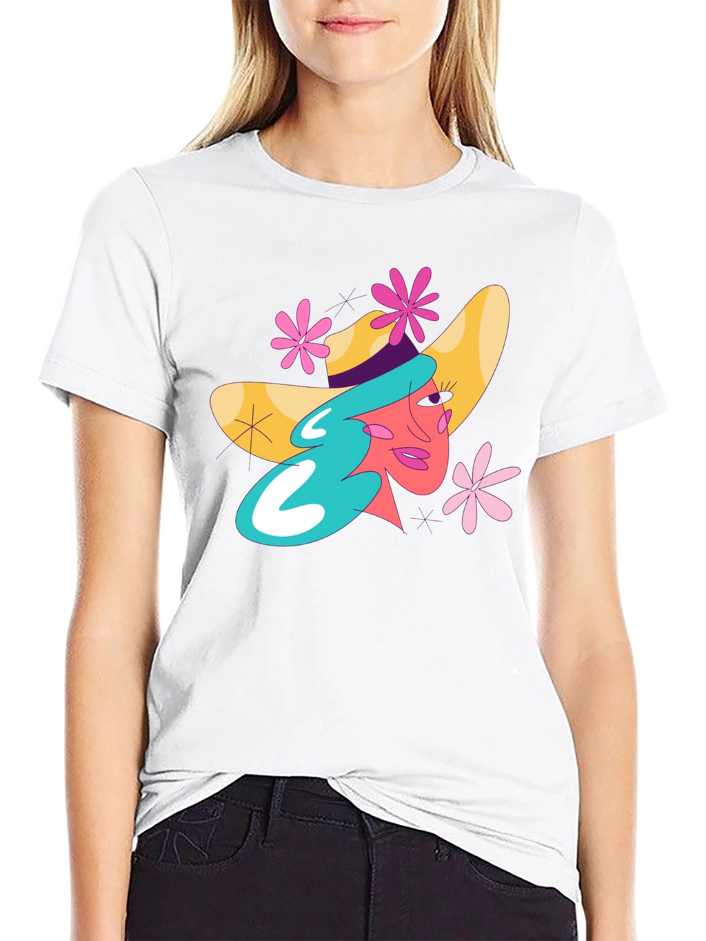 Whimsical Woman Graphic Tee - Trendy Black T-Shirt
