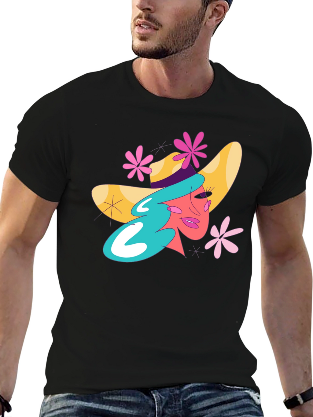 Whimsical Woman Graphic Tee - Trendy Black T-Shirt