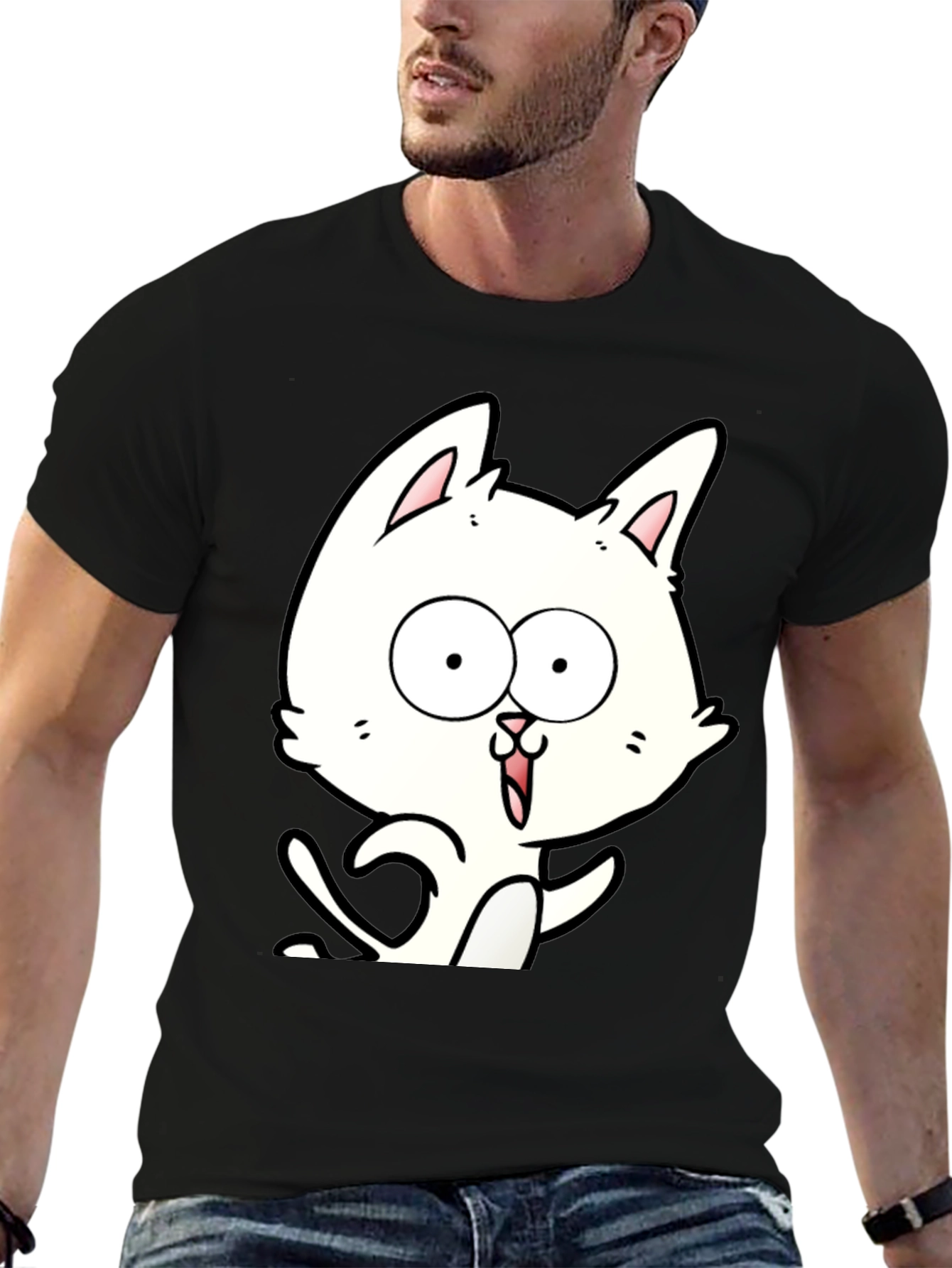 Cartoon Cat Graphic Tee - Unisex Black T-Shirt