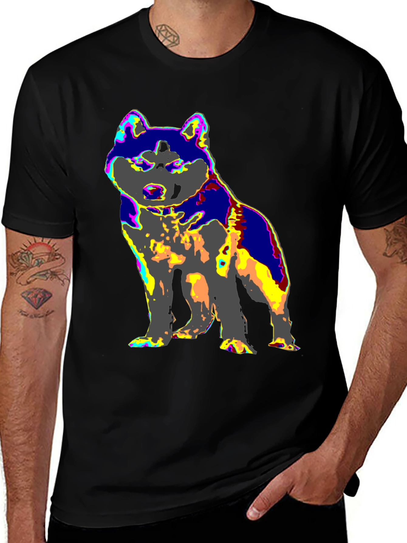 Colorful Dog Graphic Tee - Casual Black T-Shirt