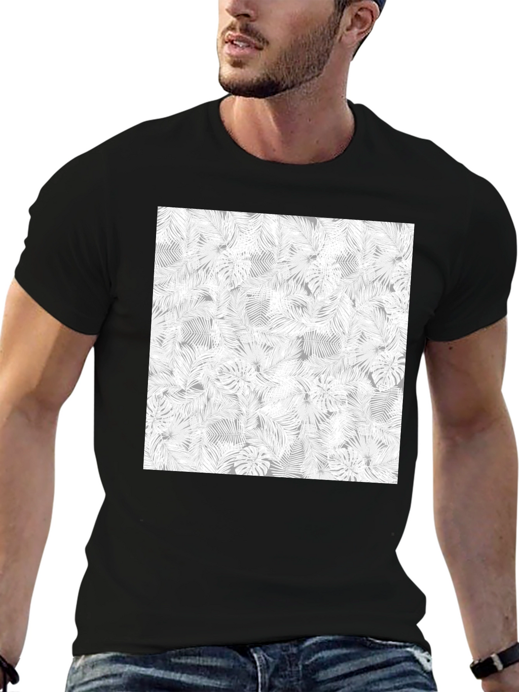 Tropical Leaf Print Tee - Black