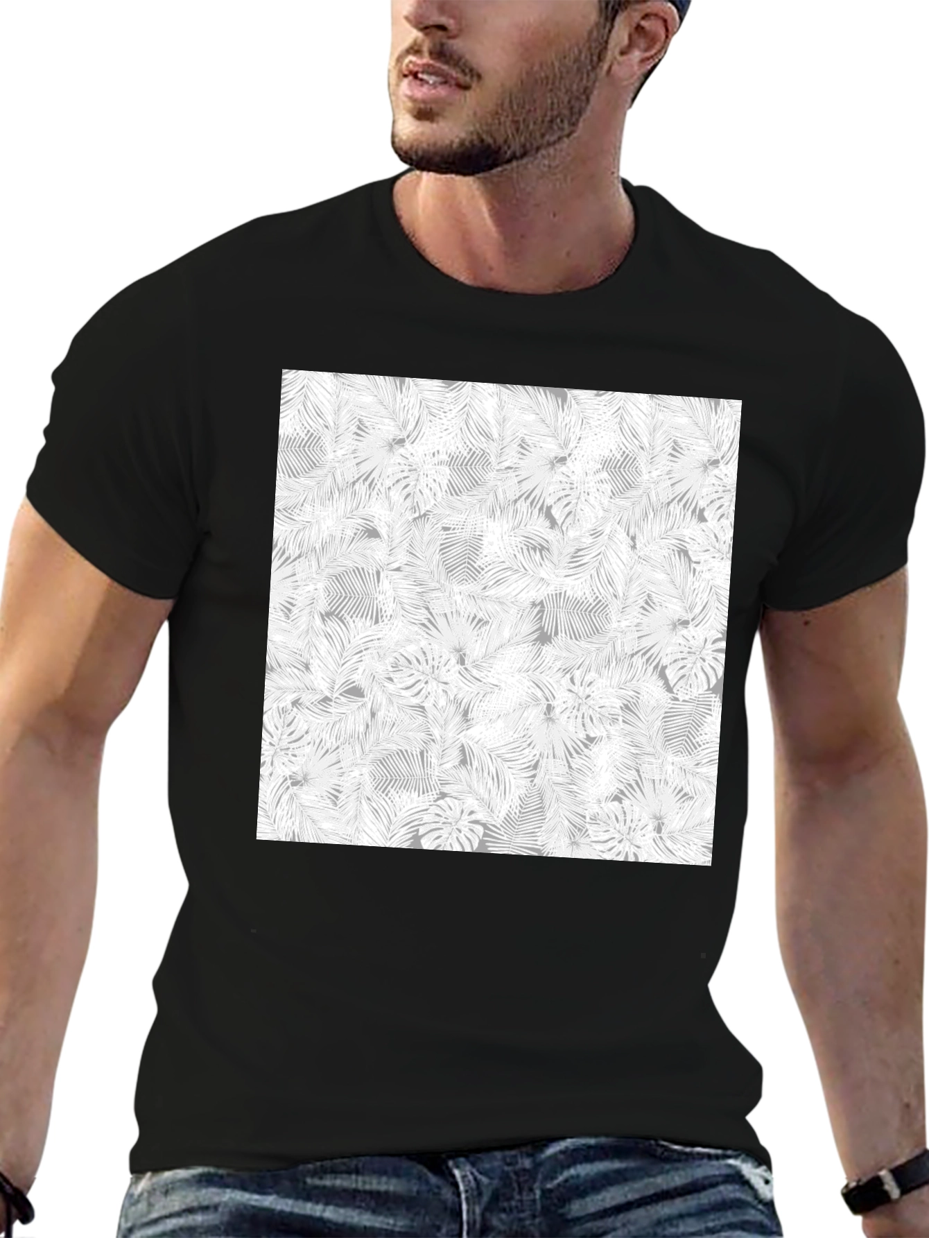Tropical Leaf Print Tee - Black