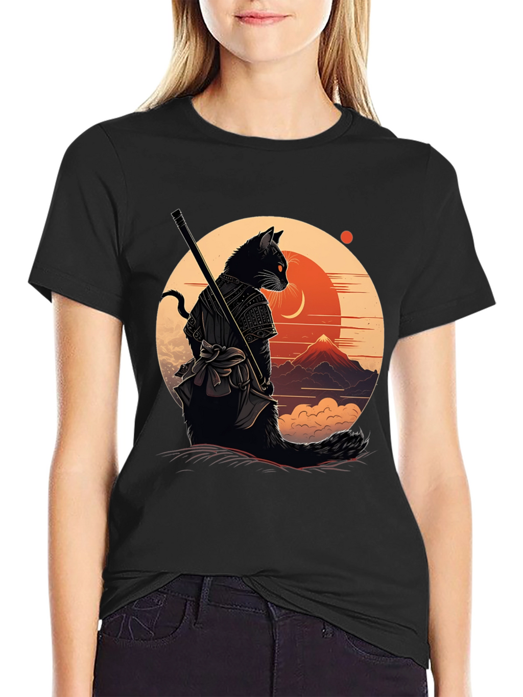 Samurai Cat Graphic Tee - Black