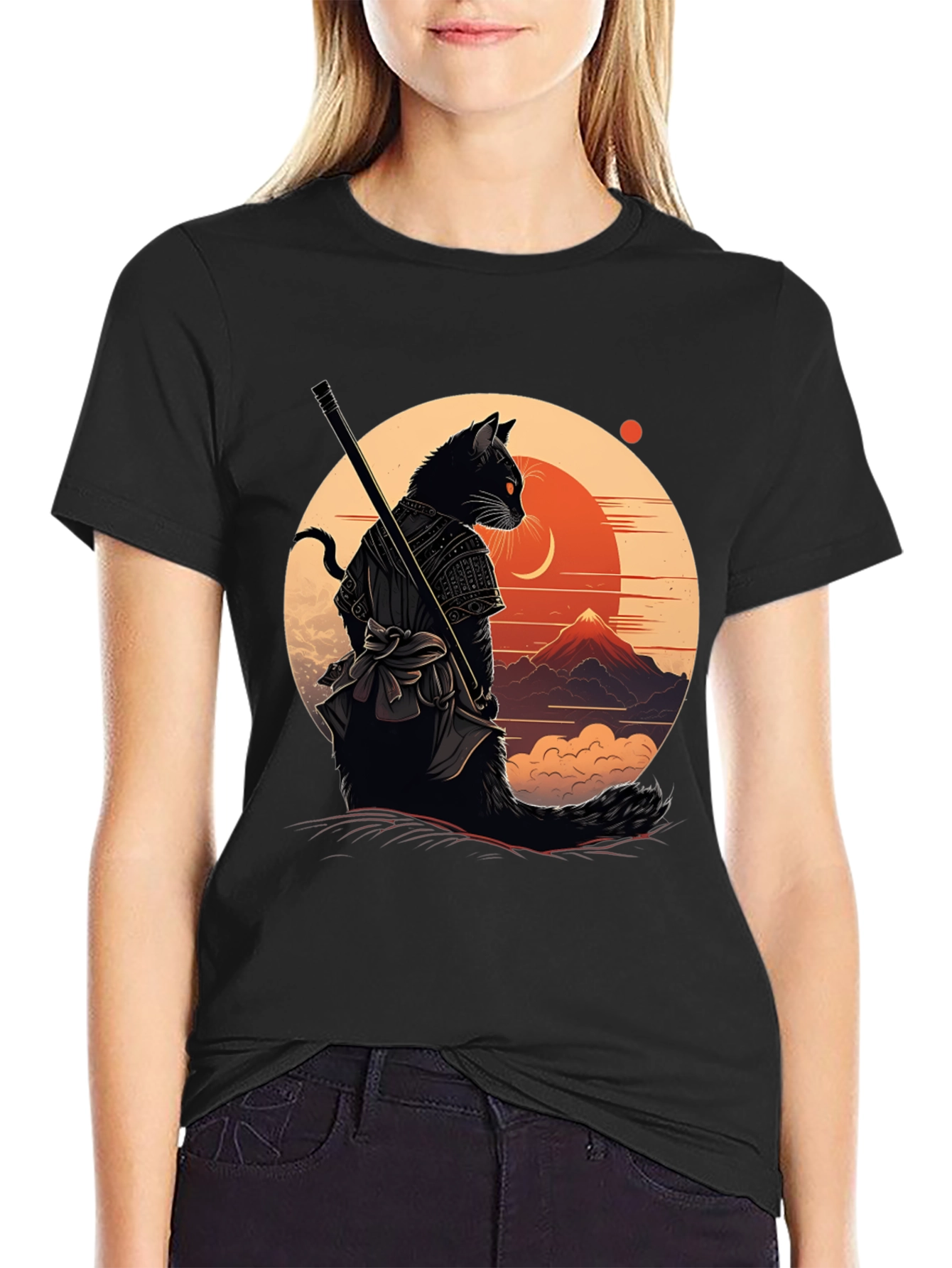 Samurai Cat Graphic Tee - Black