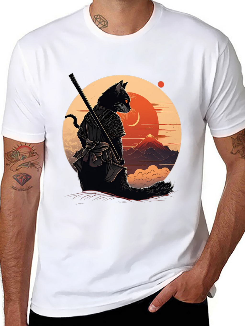 Samurai Cat Graphic Tee - Black
