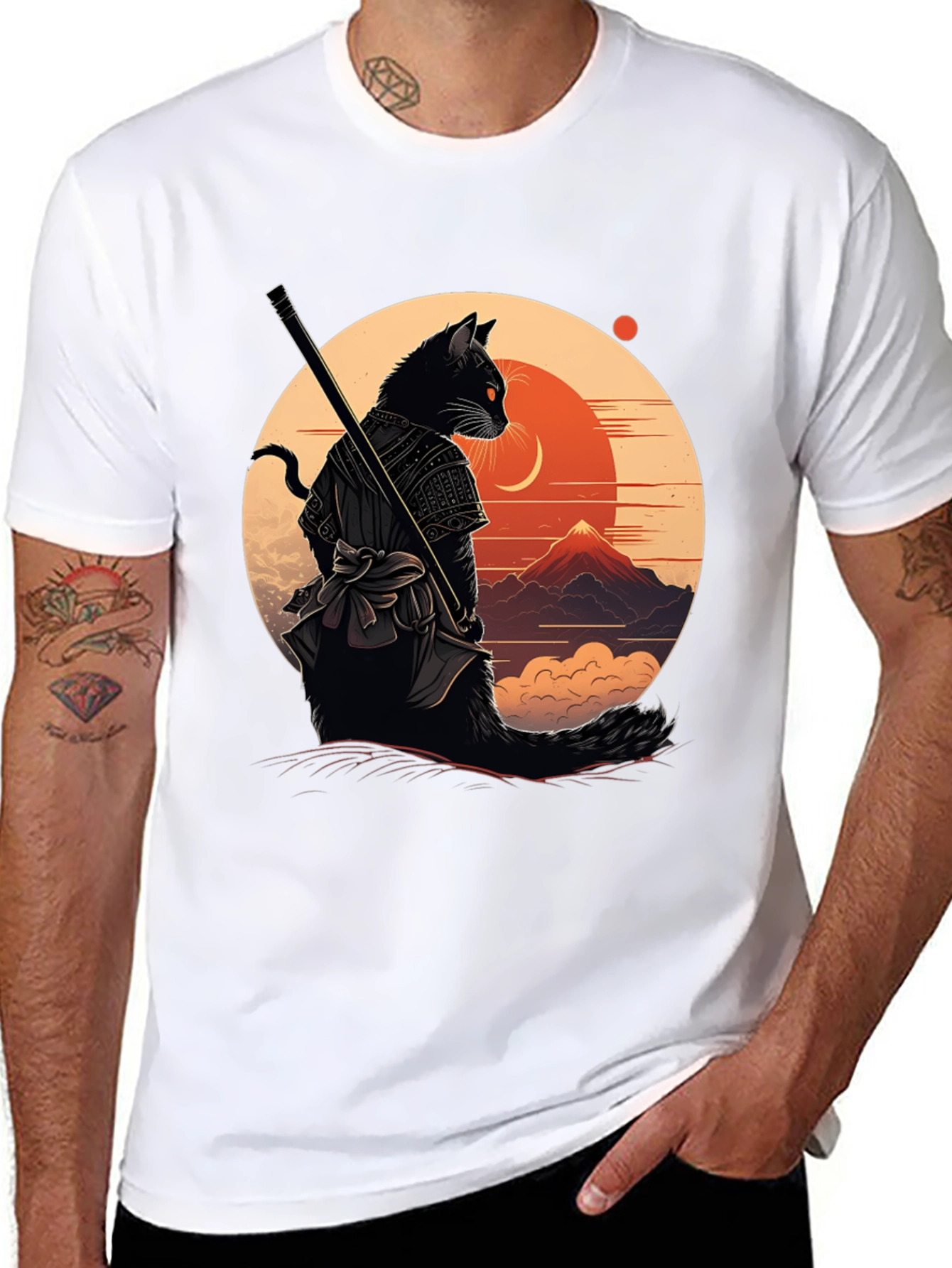 Samurai Cat Graphic Tee - Black