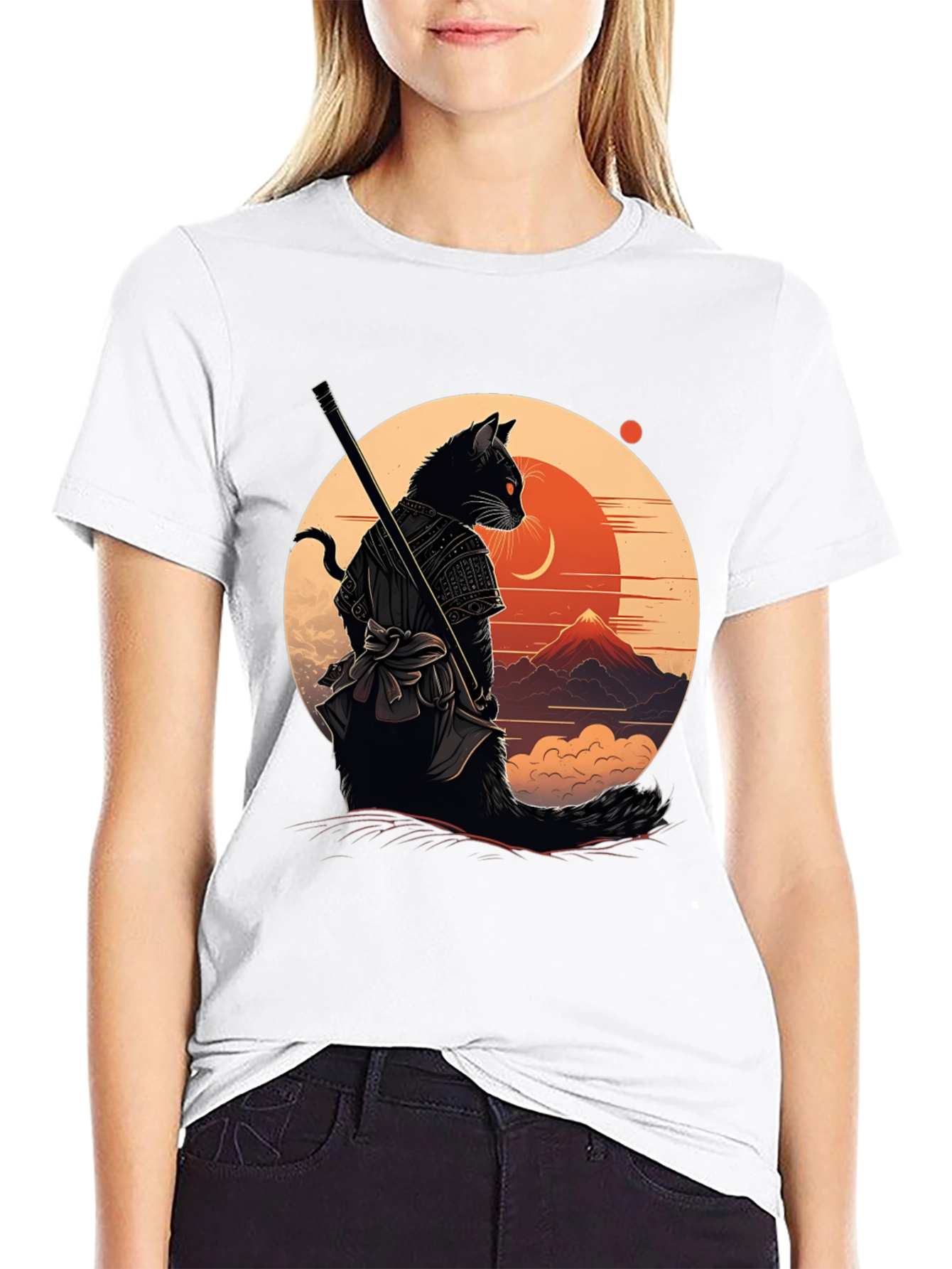Samurai Cat Graphic Tee - Black