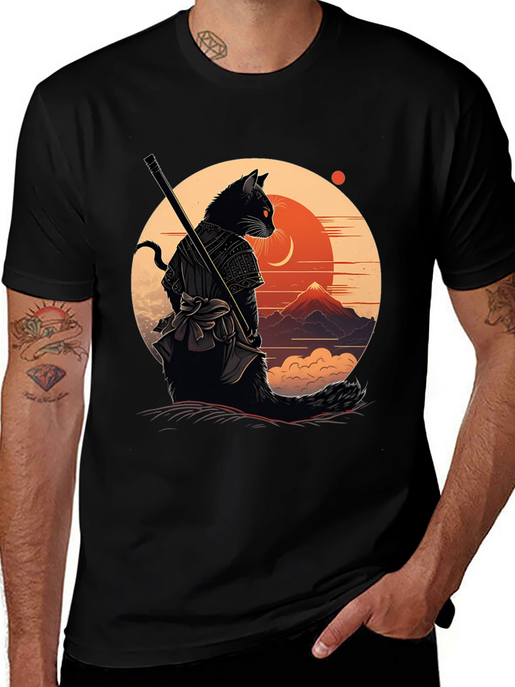 Samurai Cat Graphic Tee - Black