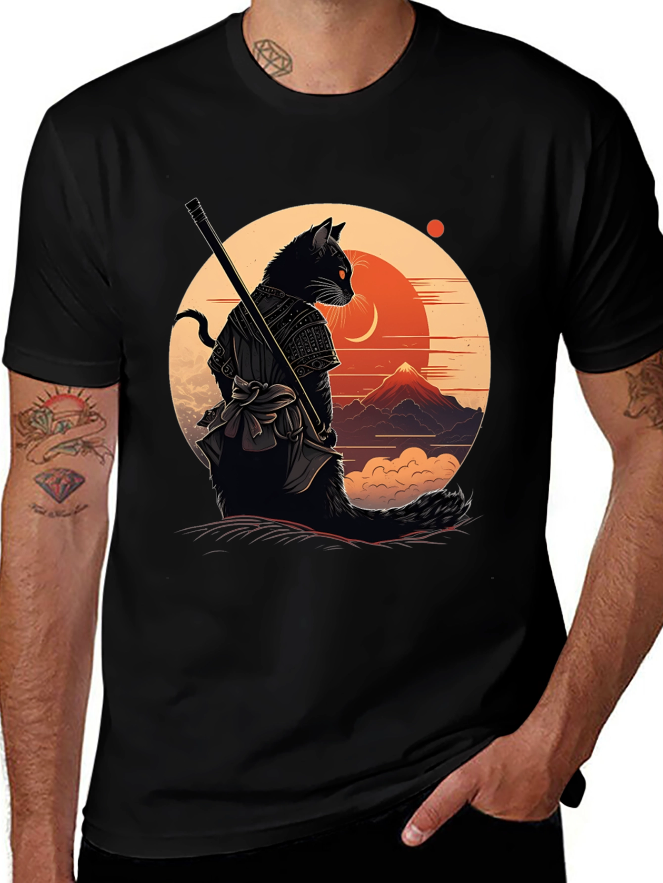 Samurai Cat Graphic Tee - Black