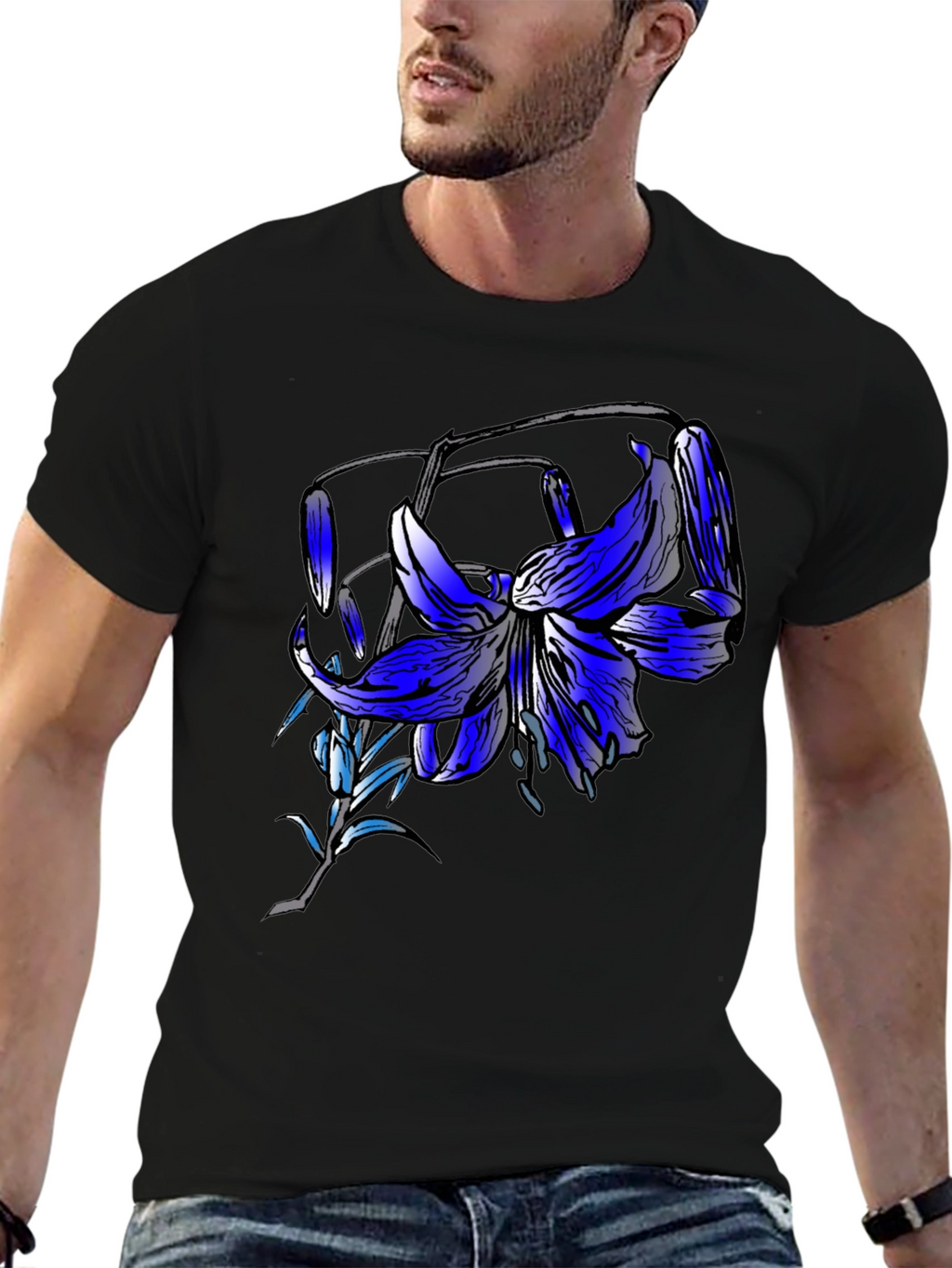 Blue Lily Graphic Tee - Mens Black T-Shirt