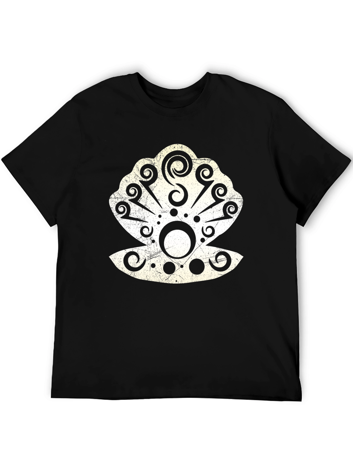 Tribal Seashell Graphic Tee - Black Cotton Casual T-Shirt