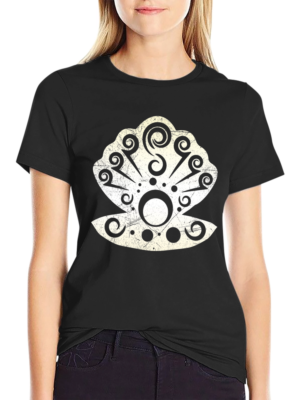 Tribal Seashell Graphic Tee - Black Cotton Casual T-Shirt