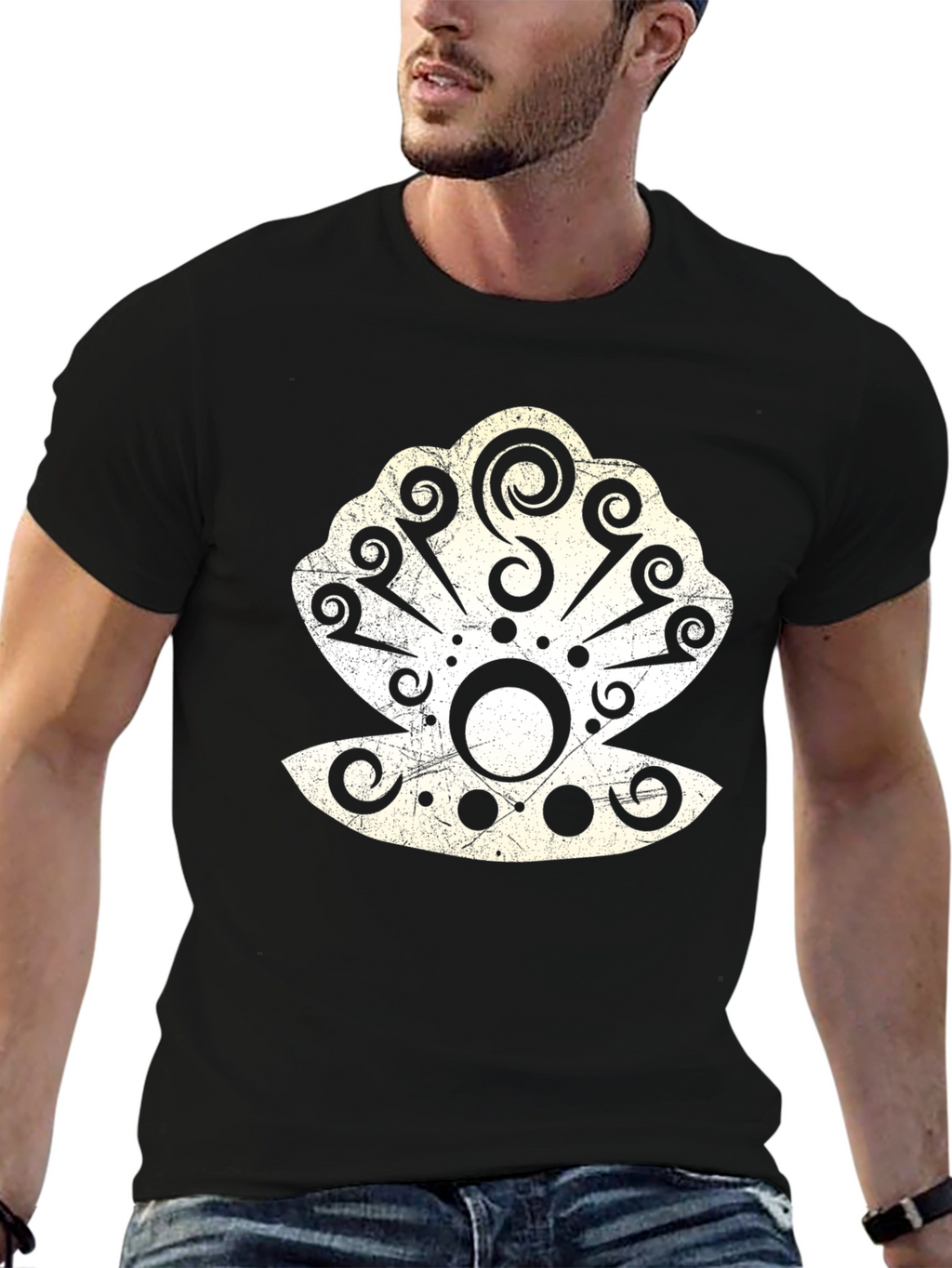 Tribal Seashell Graphic Tee - Black Cotton Casual T-Shirt