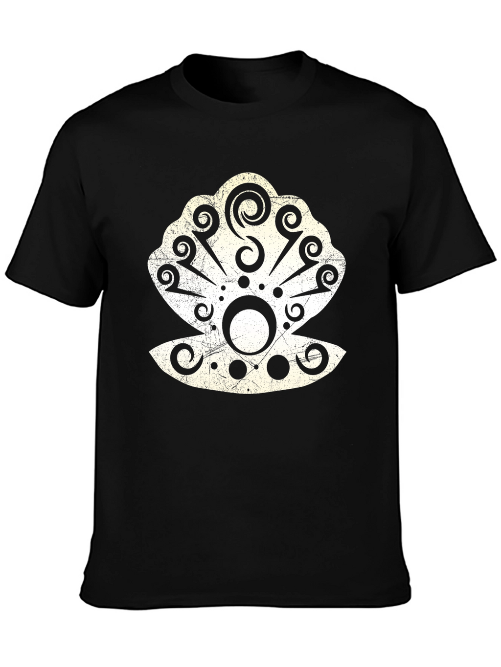 Tribal Seashell Graphic Tee - Black Cotton Casual T-Shirt