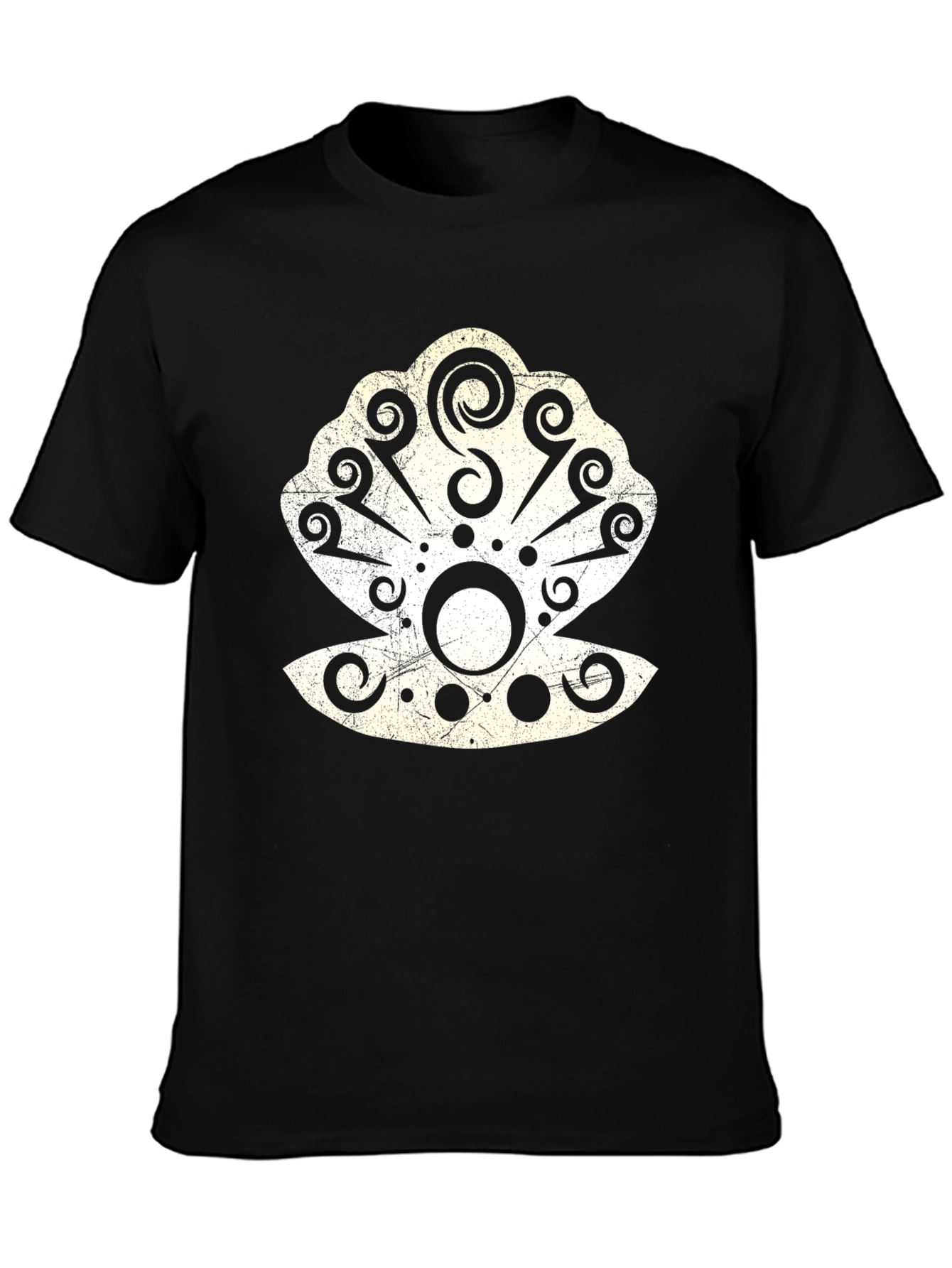 Tribal Seashell Graphic Tee - Black Cotton Casual T-Shirt